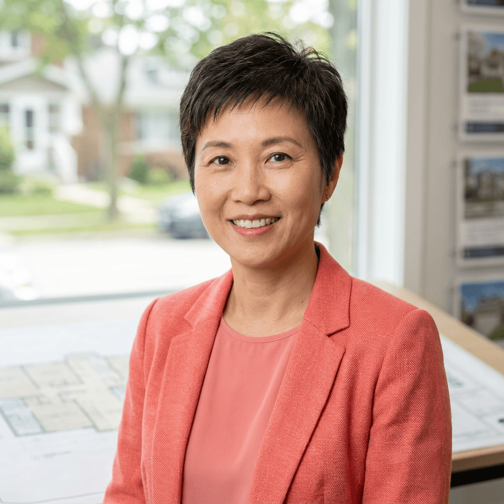 Image of female condo board member in her 50s, White, warm professional style suitable for property management context