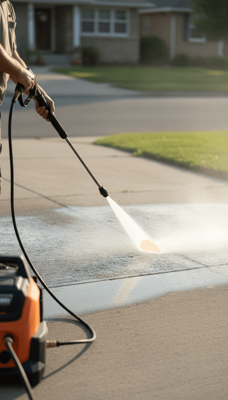 Pressure washing a concrete driveway with water spray