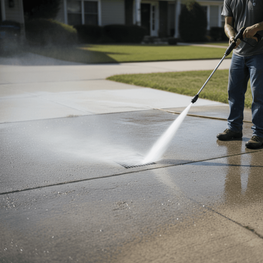 Pressure washing a concrete driveway with a spray of water