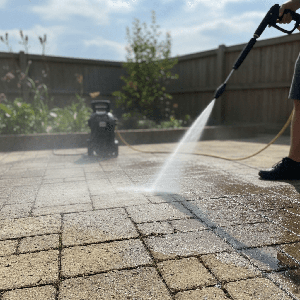 Power washing patio pavers to remove grime and stains