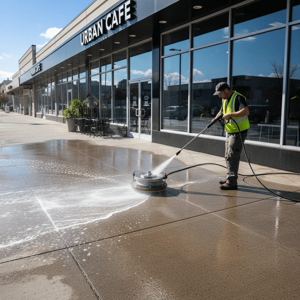 Cleaning a commercial storefront sidewalk with high pressure water
