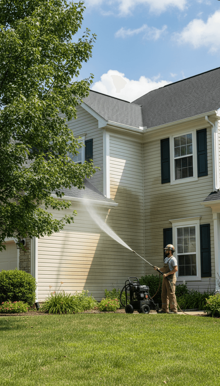 Professional pressure washing a home exterior siding