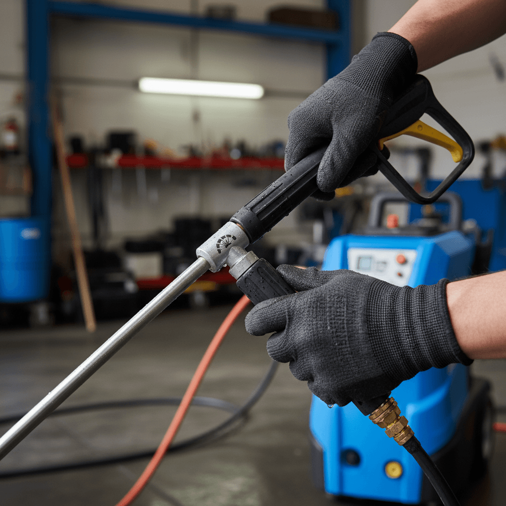 Close up of a technician adjusting a pressure washer nozzle