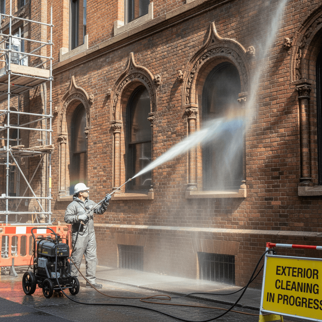 Washing a brick building exterior wall with a pressure washer