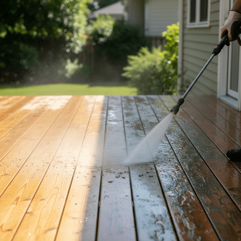 Pressure washing a wooden deck to remove mildew and old stain