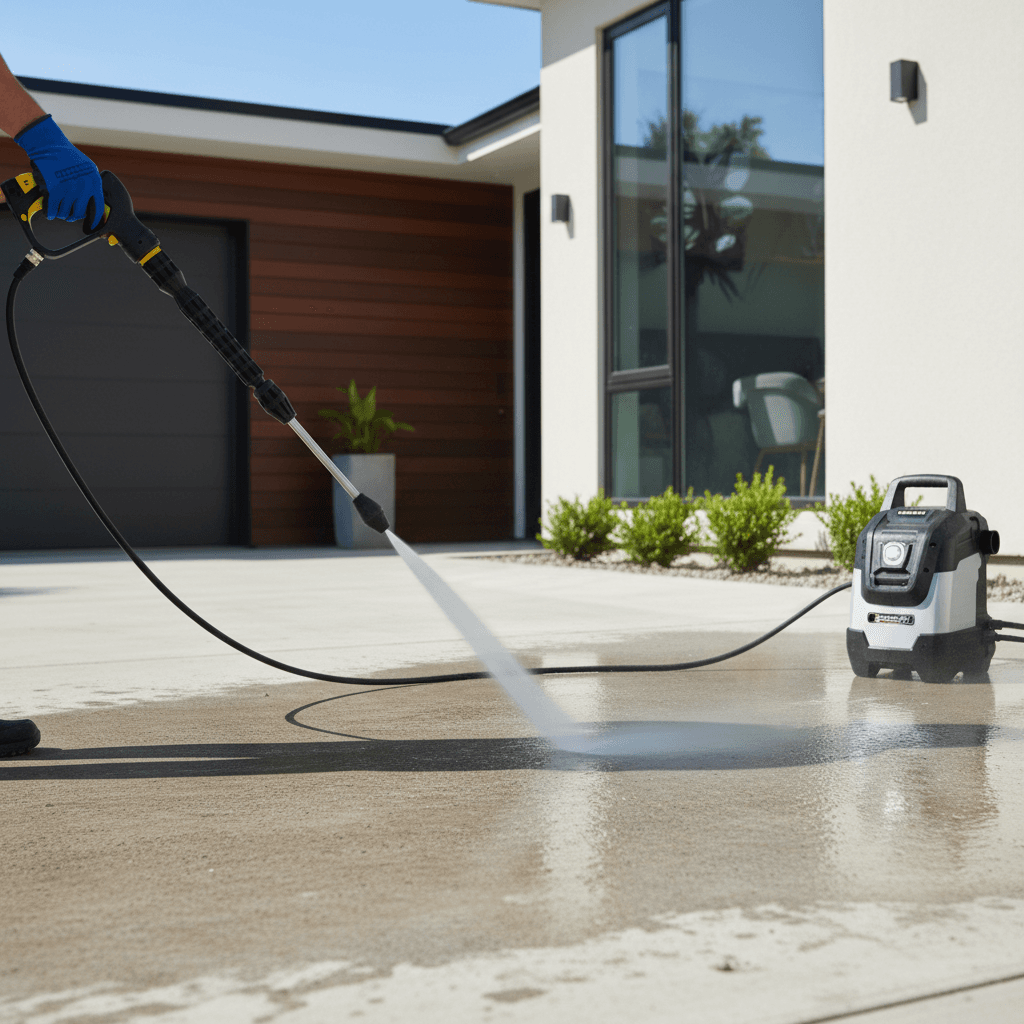 Pressure washing a concrete driveway with streaks of water