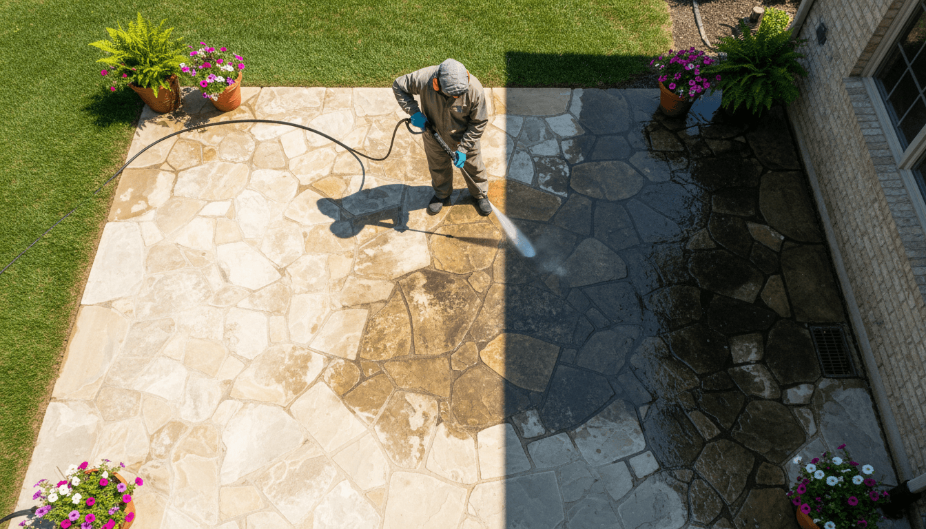 Professional pressure washing a patio deck