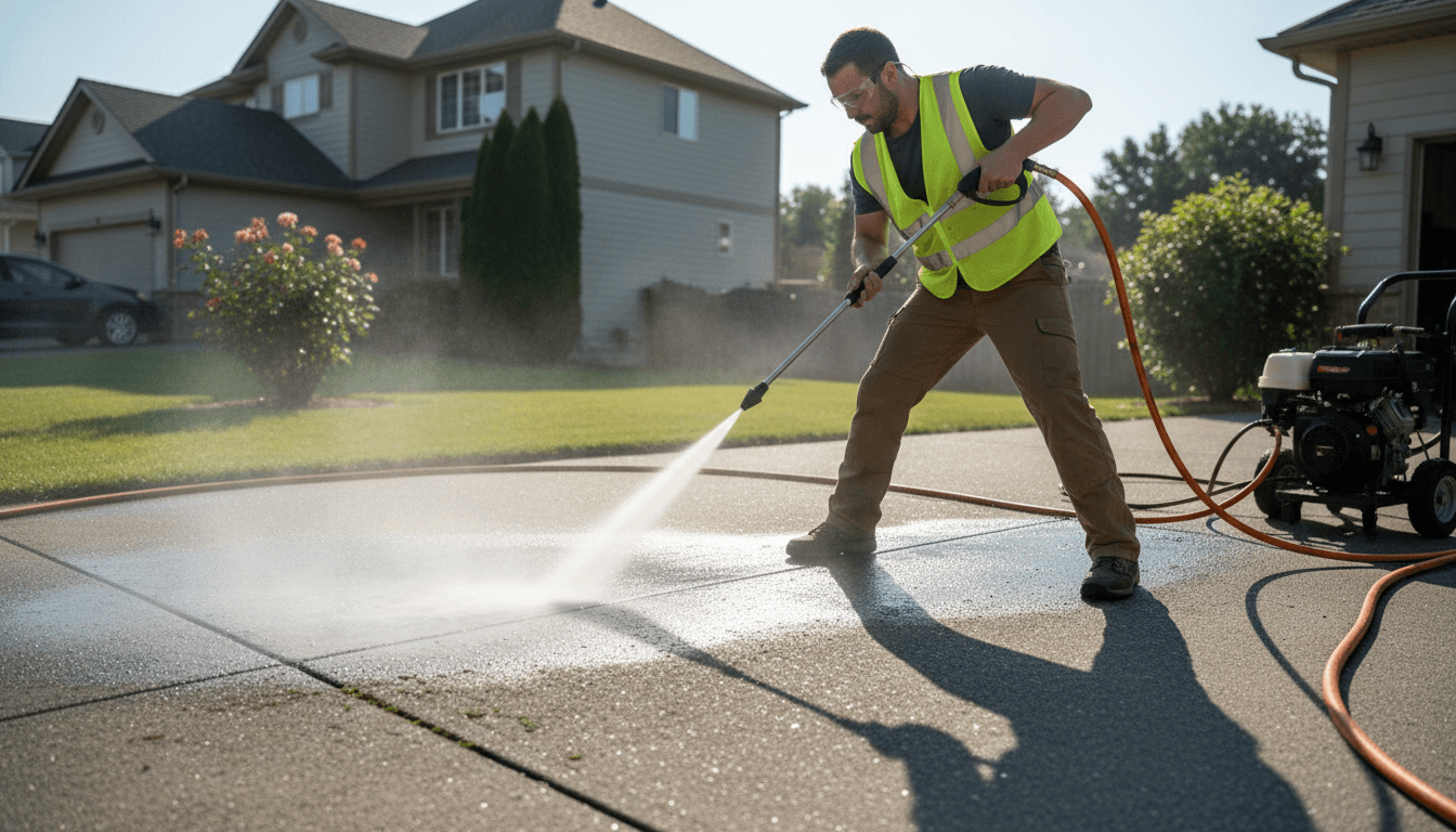 Pressure washing technician cleaning driveway with high pressure water spray