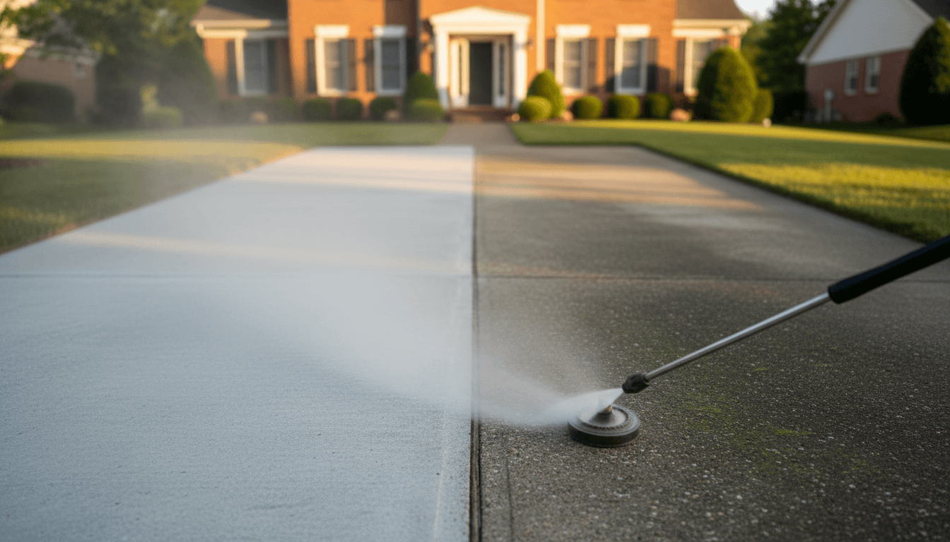 Cleaning a concrete walkway with a pressure washer, clean path visible