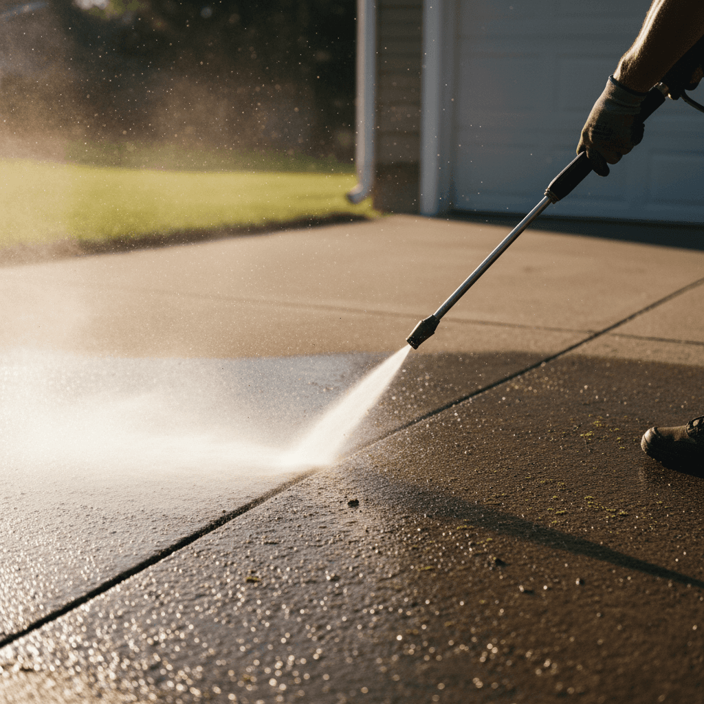 Pressure washing a concrete driveway with water spray