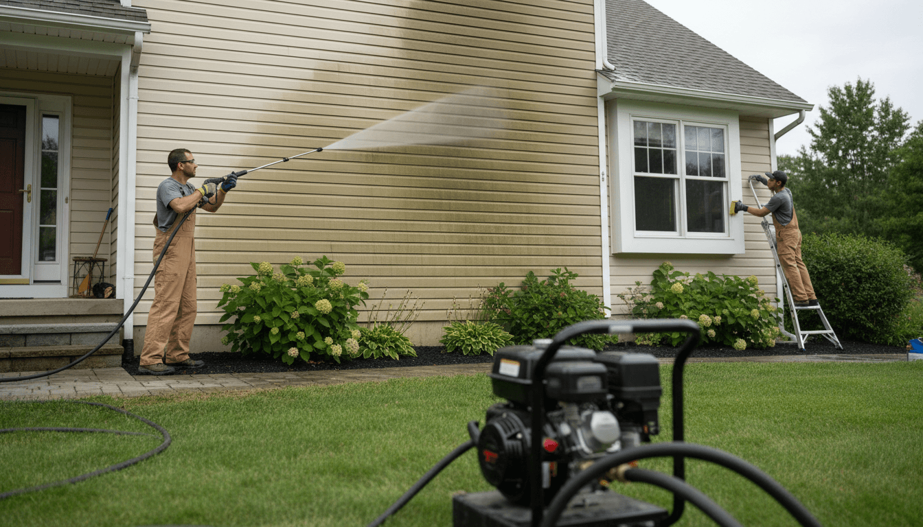 Pressure washing the exterior siding of a residential home