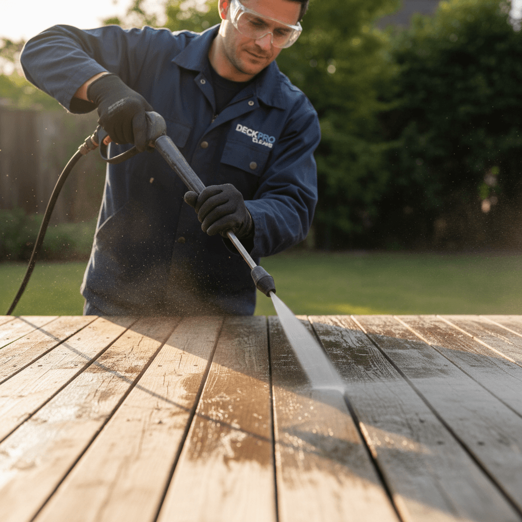 Worker pressure washing a wooden deck with a spray wand