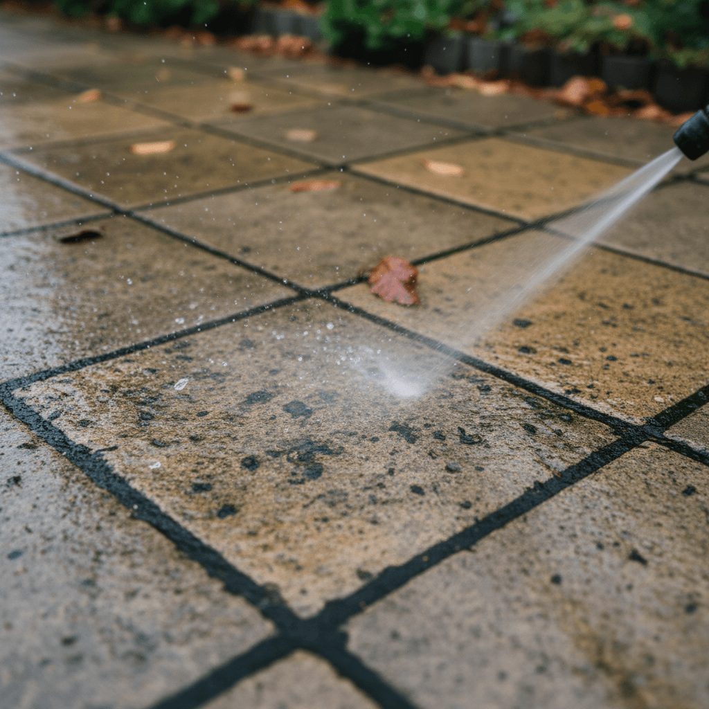 Cleaning a stone patio with a pressure washer, water spray on pavers