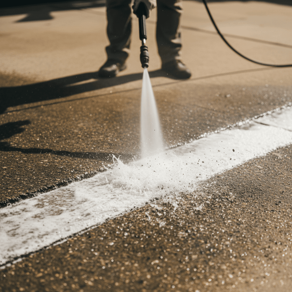 Pressure washing a concrete driveway with a wide spray nozzle