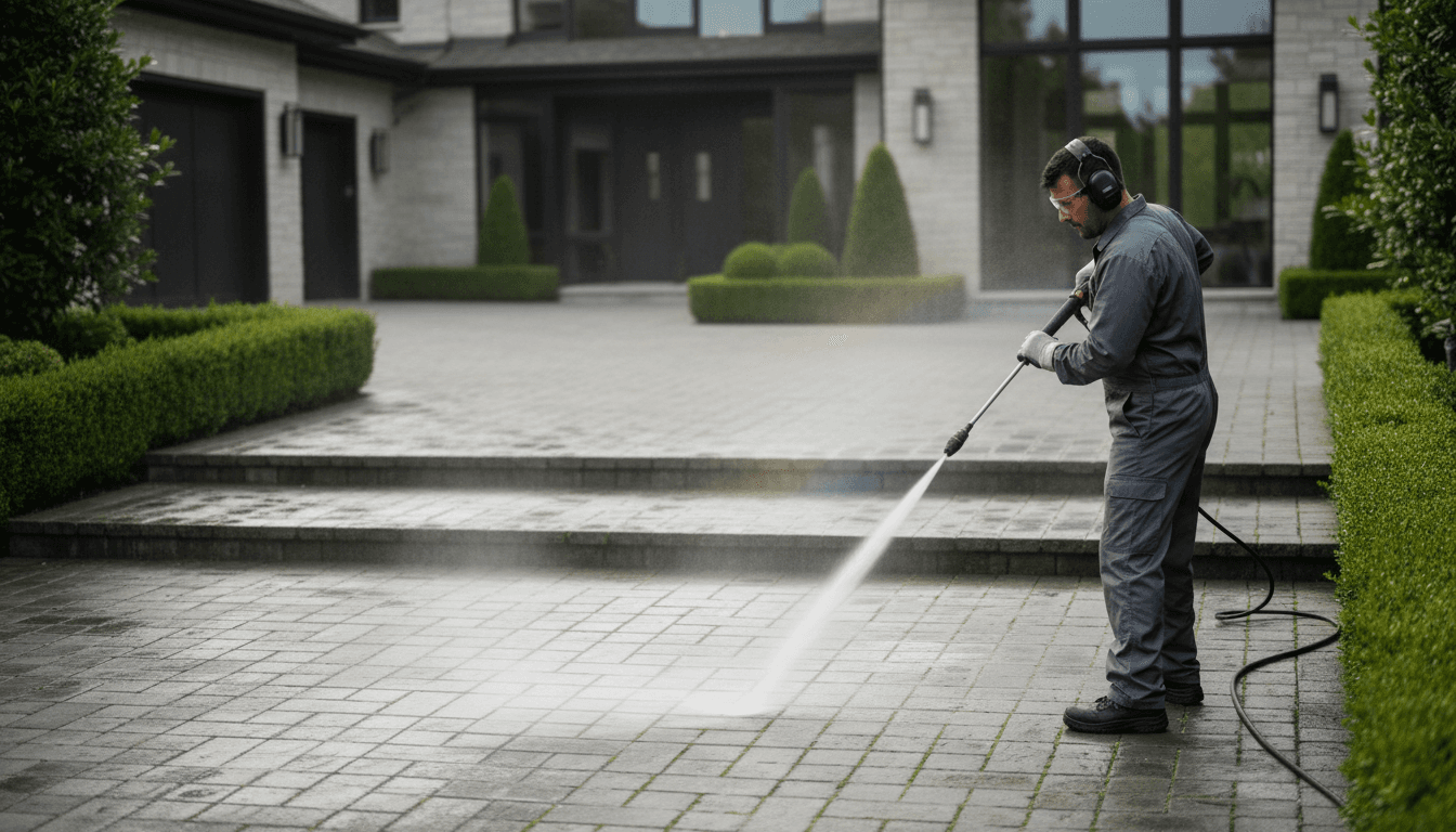 Pressure washing technician cleaning a driveway with a high pressure hose