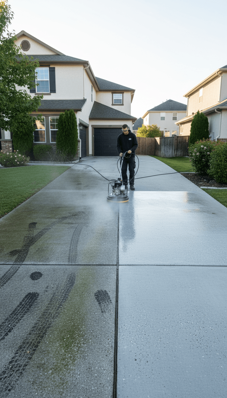 House exterior with clean driveway and walkway after pressure washing