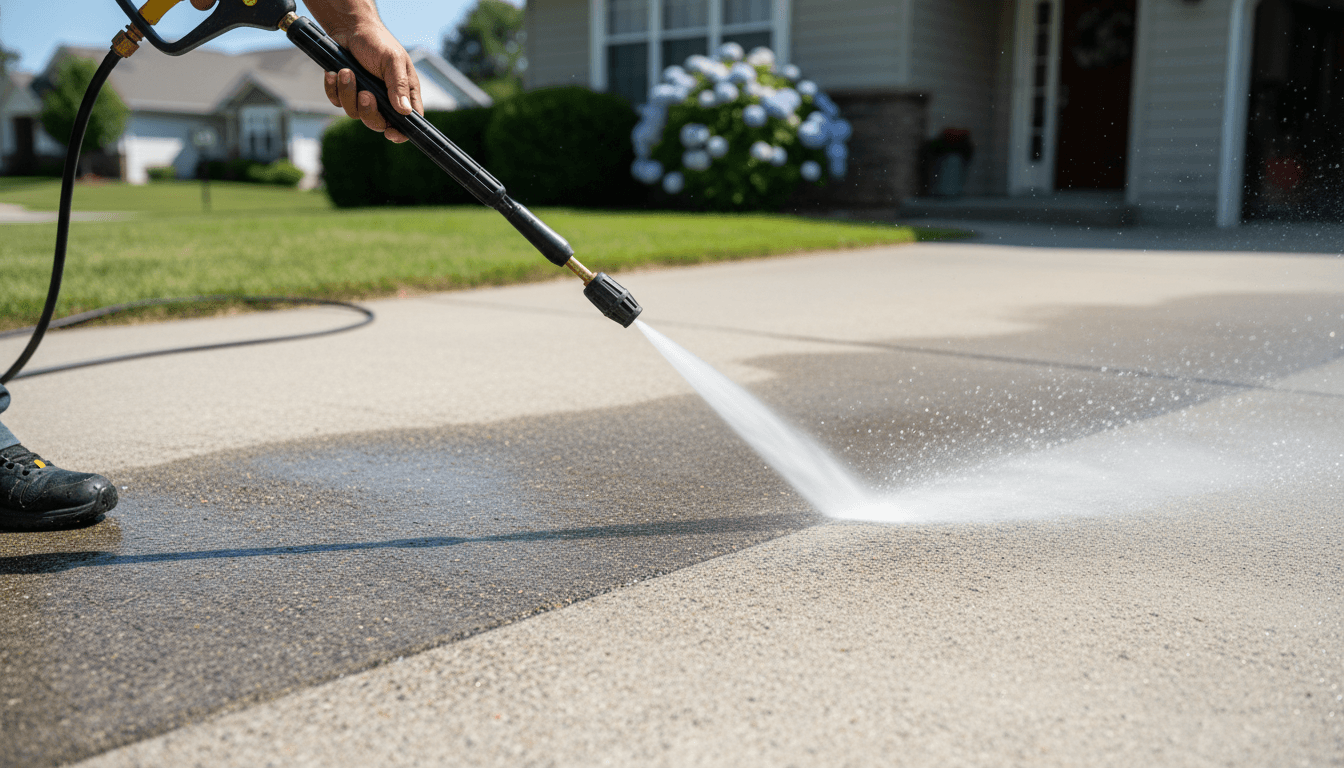 Pressure washing a concrete driveway in a residential neighborhood