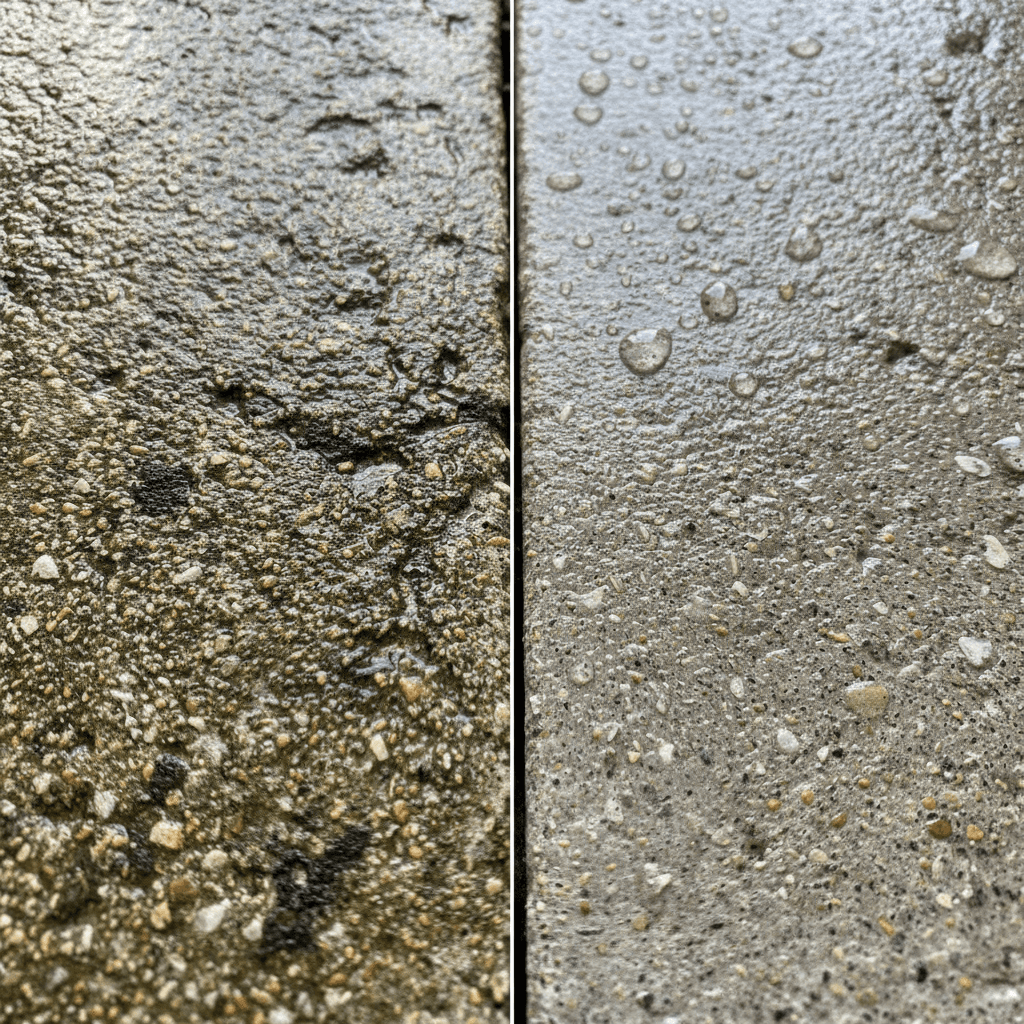 Clean concrete patio after pressure washing with water droplets