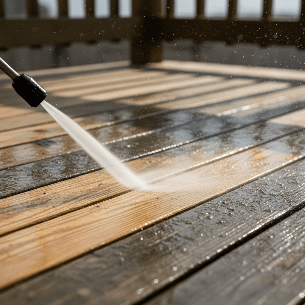 Washing a wooden deck with a pressure washer, water spray on planks