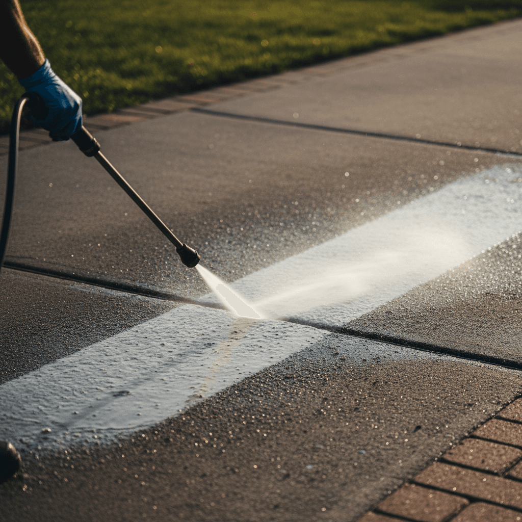 Pressure washing outdoor concrete steps with a wand spray